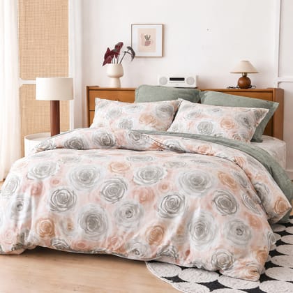Peach & Grey Floral Queen Size Bedsheet with 2 Pillow Covers | Soft Cotton Double Bed Sheet Peach & Grey Floral Queen Size Bedsheet with 2 Pillow Covers | Soft Cotton Double Bed Sheet