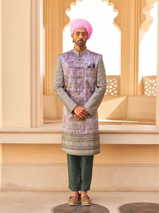 Lilac Printed Men Kurta set with Zari Work Coat