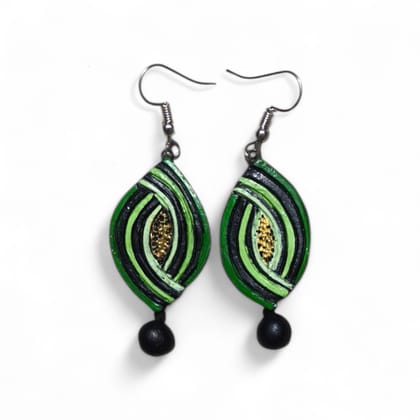 Pallabi Hastakala Leaf Dangle Earrings (1 Pair) | Striped Black & Green Design with Gold Accent | Handcrafted Fashion Jewelry for Women