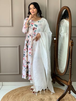 WHITE COTTON DIZITAL PRINT KURTI PANT WITH FANCY DUPATTA-S
