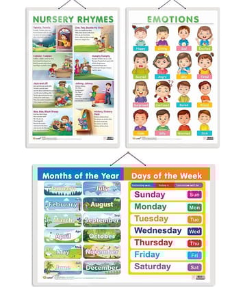 Set of 3 MONTHS OF THE YEAR AND DAYS OF THE WEEK, EMOTIONS and NURSERY RHYMES Early Learning Educational Charts for Kids | 20"X30" inch |Non-Tearable and Waterproof | Double Sided Laminated | Perfect for Homeschooling, Kindergarten and Nursery Students