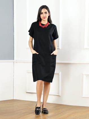 Pitch Black Linen Pocket Dress-XS