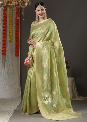 Kiwi Green Organza Woven Silk Saree