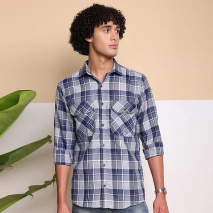 Check Regular Fit Cotton Shirt - Navy Grey-M