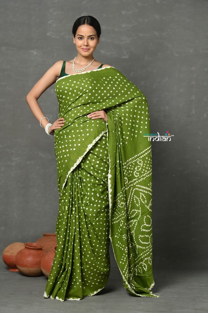 Tyohaar ~ Handmade Bandhani Pure Cotton Handloom Saree - Leaf Green - Sarees | Buy online on ZillyBuy