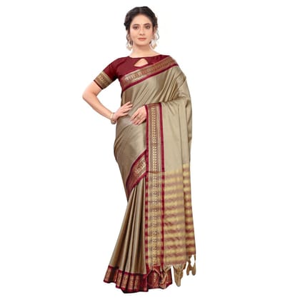 Generic Women's Cotton Silk  Saree with Blouse (Beige, 5 - 6 Mtrs)