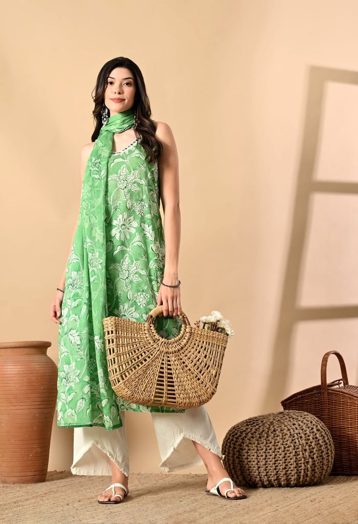 Noodle Strap 3PC Cotton Set with Fish Cut Palazzo and Sitara Work