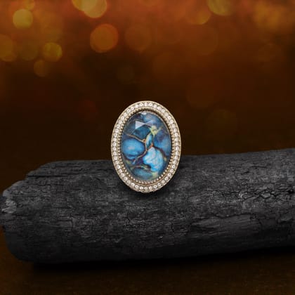 Ocean Turquoise Blue Color Kundan Ring For Women-Ring_Size_Adjustable | Diameter Length: 3.50 CM x Width: 2.50 CM / Blue / Alloy With Good Quality Mehndi Gold Plated