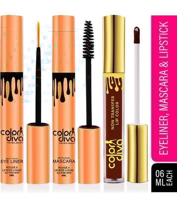 Color Diva Waterproof Eyeliner, Mascara & Liquid Lipstick Makeup Kit Pack of 3 18