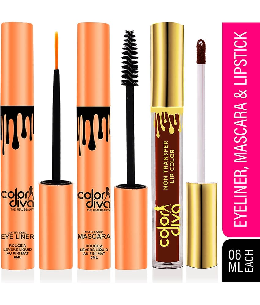 Color Diva Waterproof Eyeliner, Mascara & Liquid Lipstick Makeup Kit Pack of 3 18