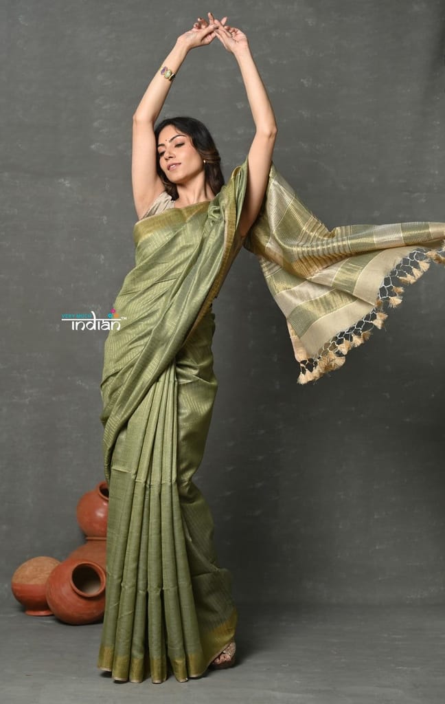 Tyohaar ~ Exclusive! Pure Cotton Handloom Saree By Khadigram Certified Weavers - Sage Green - Sarees | Buy online on ZillyBuy