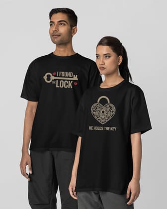 I Found the Key &amp; He Holds the Key T-Shirt - Round Neck Drop Shoulder Graphic Printed Oversized Cotton T-shirt-S / Male / Black