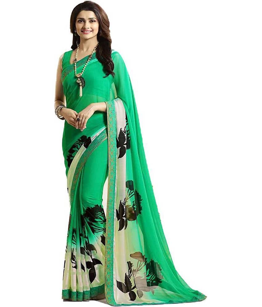 Gazal Fashions Georgette Printed Saree With Unstitched Blouse Piece ( Green )