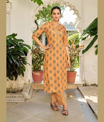 VIBE VISION Cotton Blend Printed Kurti With Pants Women's Stitched Salwar Suit - Mustard ( Pack of 1 )