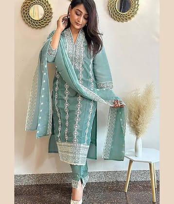kedar fab Women Silk Blend Embroidered Straight Kurti With Pants ( Light Blue )