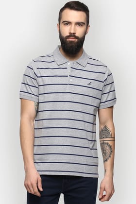Men's Polo Collar Striped T-Shirt - Grey Melange & Navy Blue-Small / Grey Melange & Navy Blue