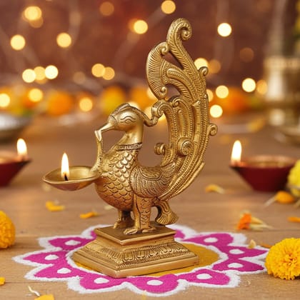 Brass Cock [Murga] Oil Lamp Deepak  - Handmade Brass Deepak for Puja Room, Height : 8 Inch (BSMAS1168 A)
