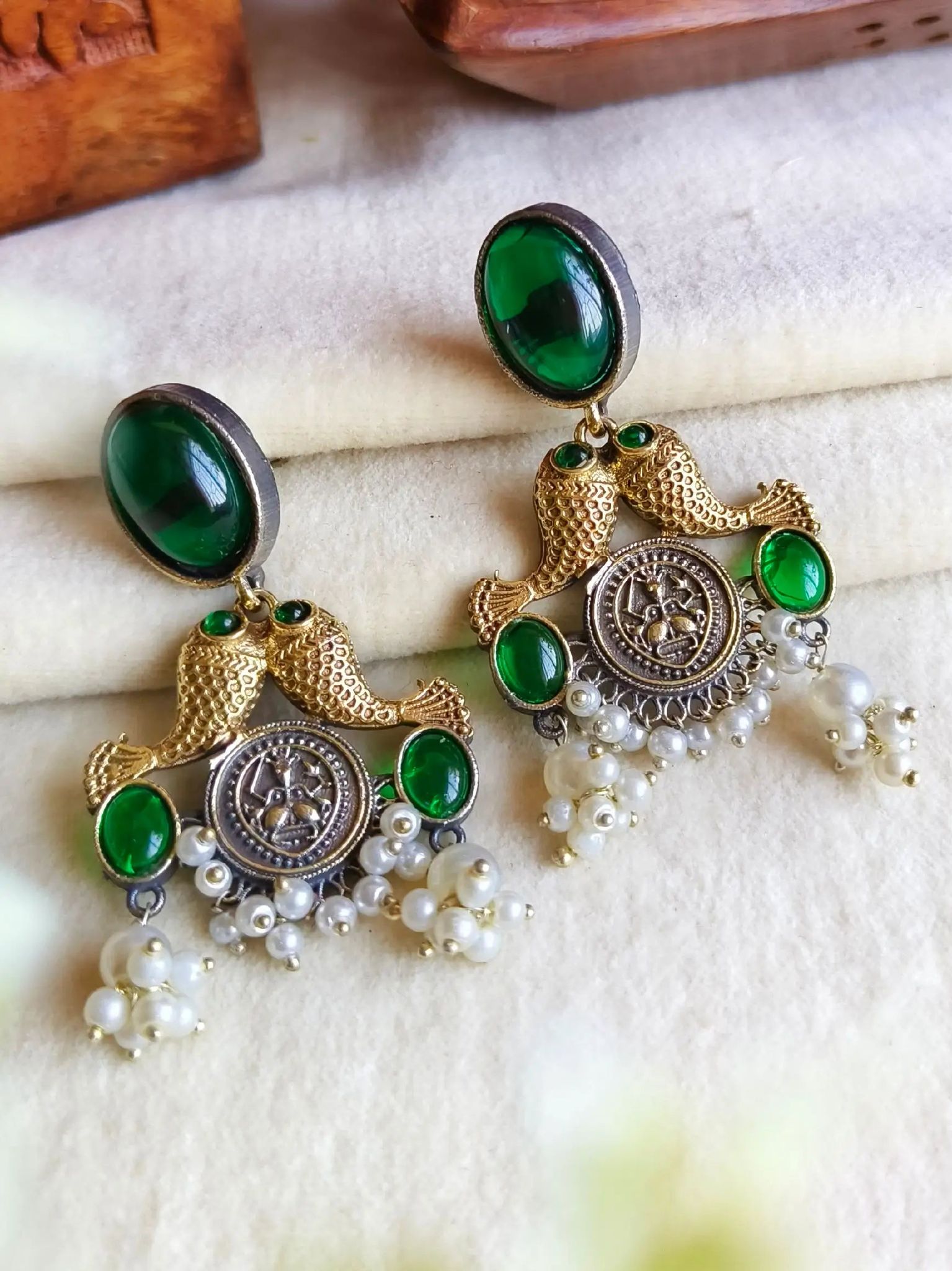 Antique Pearl Two-Tone Party Danglers | Sarichka-Green