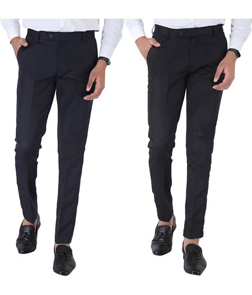 SREY Black Slim -Fit Flat Trousers Pack of 2