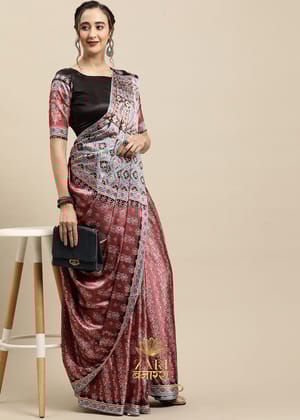 Antique Maroon Satin Crepe Printed Silk Saree