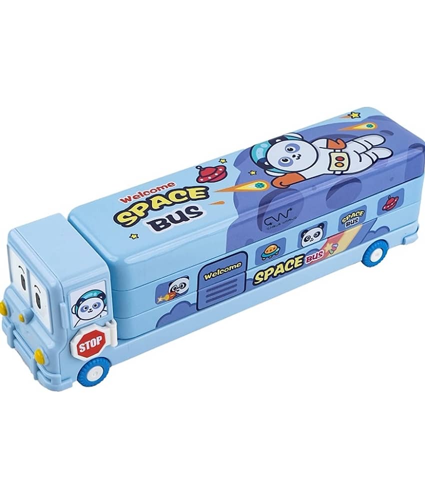1944 YESKART -BLUE SCHOOL BUS PENCIL BOX WITH SHARPNER  Cartoon Printed School Bus Metal Pencil Box With Moving Tyres And Sharpener For Kids