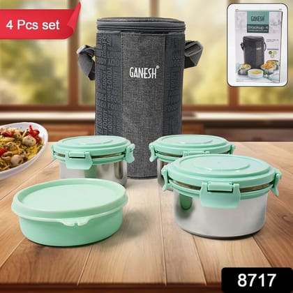 Ganesh 4In1&nbsp;Tiffin Box-Lunch Box | 3 Stainless Steel Containers 300 Ml Approx & Plastic Salad Container 200 Ml Approx| Plastic lid Box | Round Zip Bag | Leak Proof | Microwave Safe&nbsp;for Office, College and School for Men, Women
