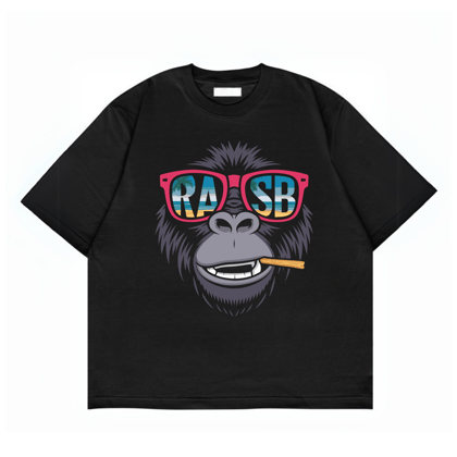 RASB "CHIMPANZEE" - Round Neck Drop Shoulder Graphic Printed Oversized Cotton T-shirt-Black / S