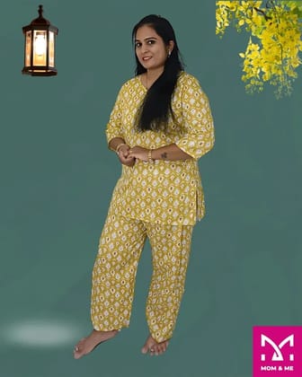 Mom And Me Yellow Kurta & Pyjama Set (L) | Floral Cotton | Casual Loungewear Mom And Me Yellow Kurta & Pyjama Set (L) | Floral Cotton | Casual Loungewear