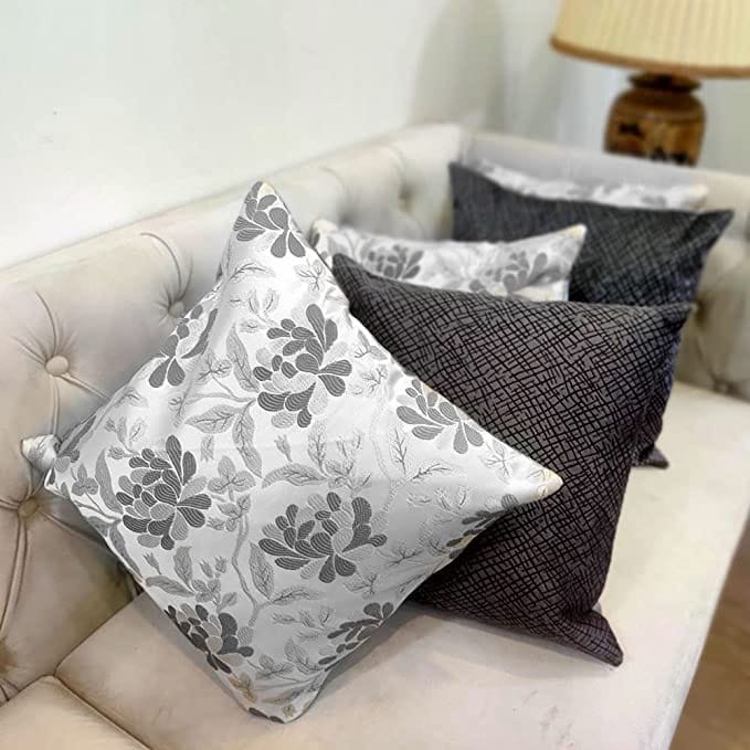 GOODVIBES White Silver Grey Damask/Self Design/Woven Floral Motifs Zipper Square Combo Cushion Covers (24x24 inch or 60 x 60 cm) Set of 5 - Flowers | Buy online on ZillyBuy