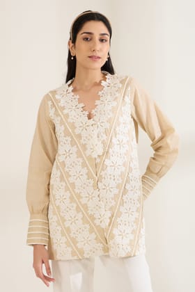 LATTICE LACE COTTON SHIRT-Beige / Cotton / XXS