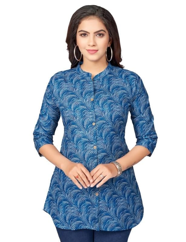 Women's Cotton Blend Mandarin Collar 3/4 Sleeves Short Top (Blue, M)-PID56248