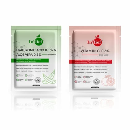 In'Lief Sheet Mask Pack of 2 - 25ml | Vitamic C | Hyaluronic Acid | Rich in Peptides & Collagen