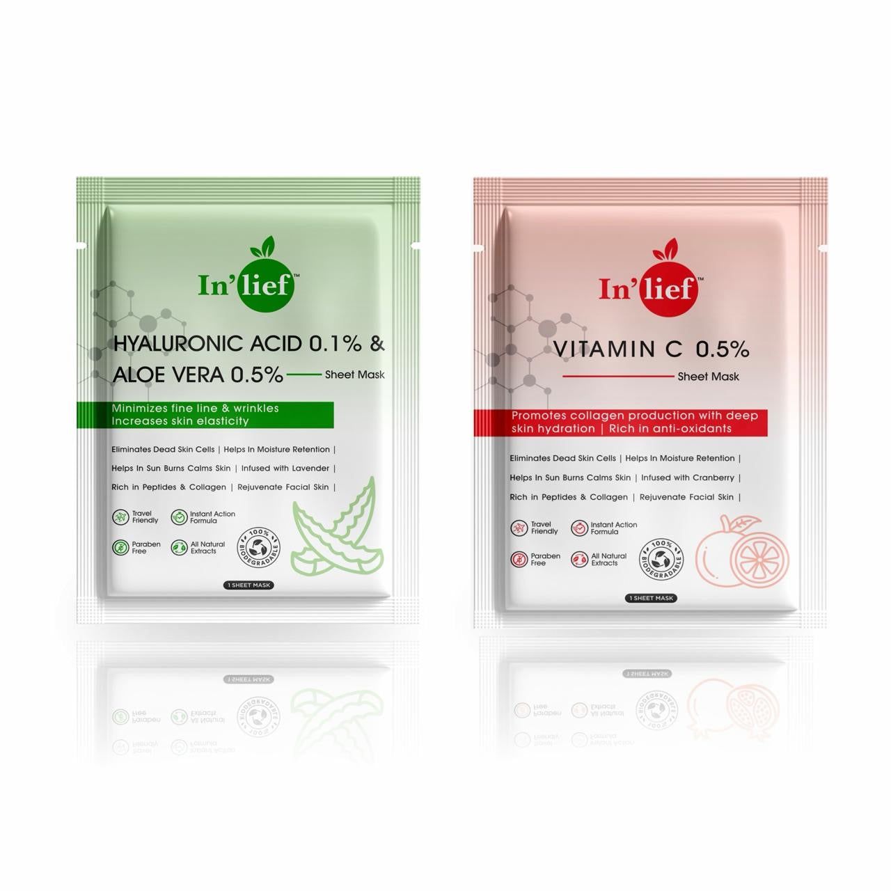 In'Lief Sheet Mask Pack of 2 - 25ml | Vitamic C | Hyaluronic Acid | Rich in Peptides & Collagen
