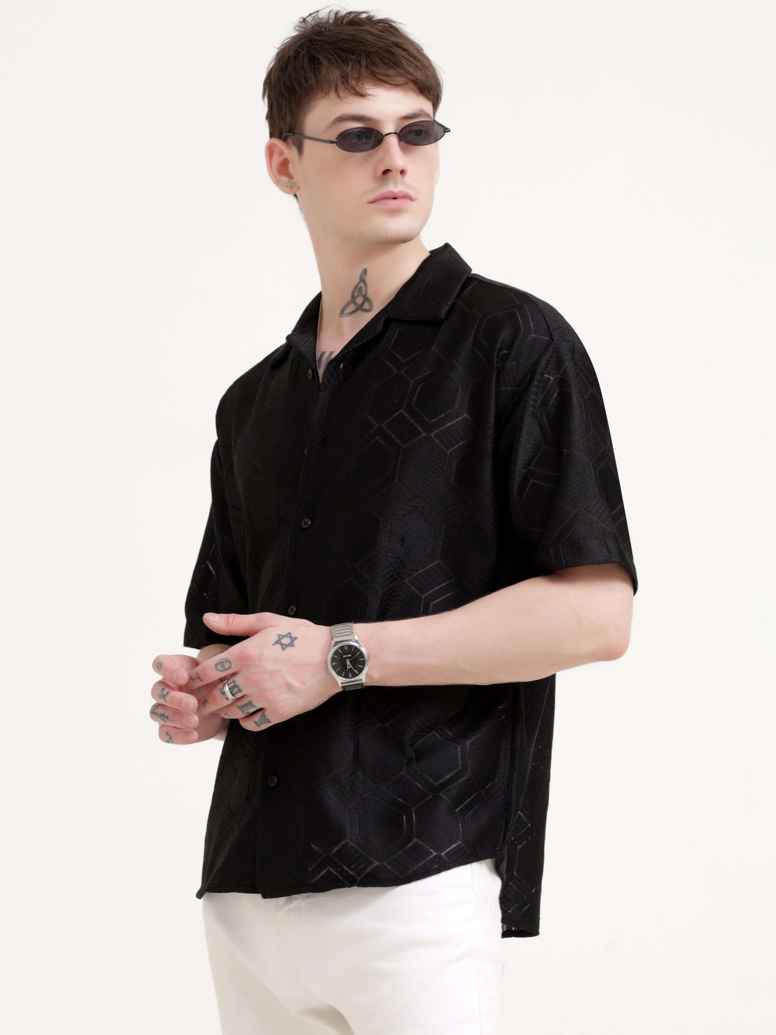 Texturiche Black Crochet Oversized Shirt-L / Black