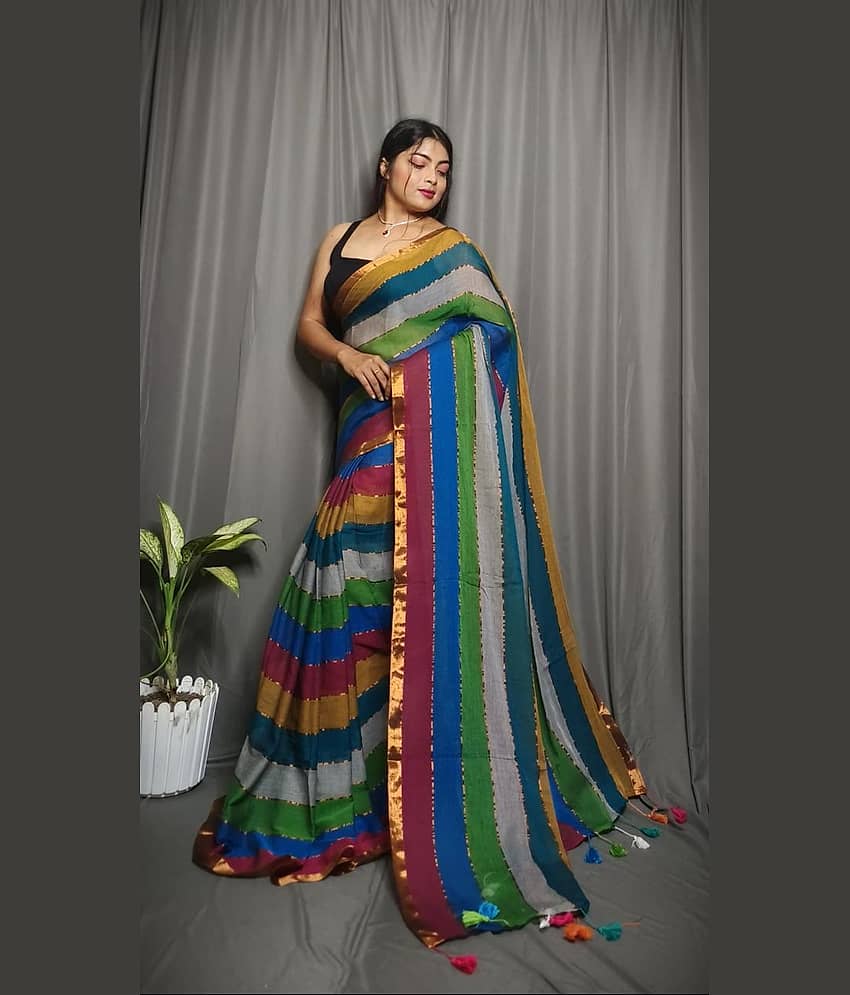 SARADA HANDLOOM Cotton Striped Saree With Unstitched Blouse Piece ( Multicolor )