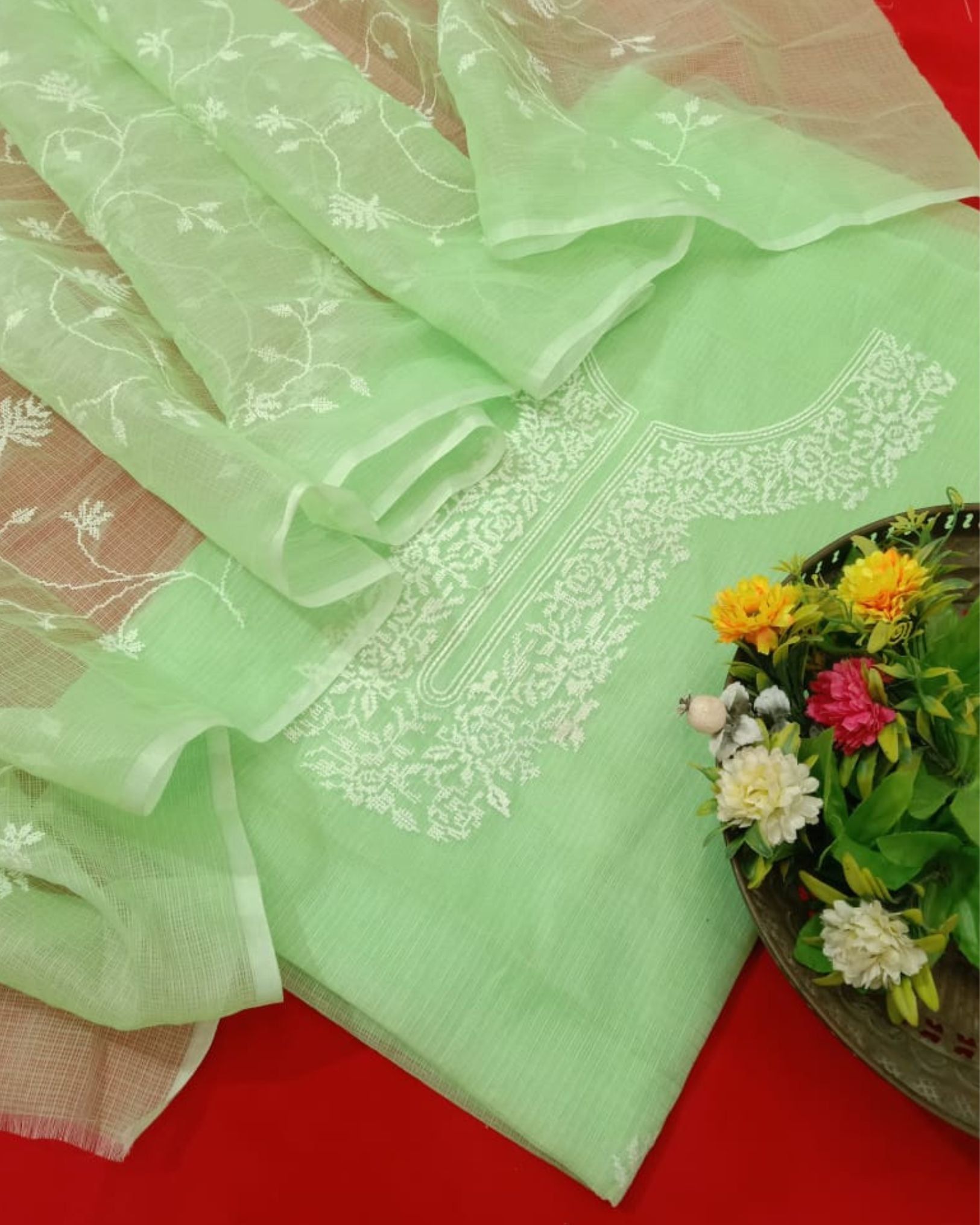 Pankhudi Kota Cotton Light Green Embroidered Suit