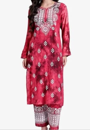 Lucknowi Chikankari Embroidered Rayon Tie-Dyed pink Kurti Plazzo set