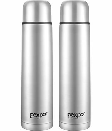 Pexpo 500ml 24 Hrs Hot and Cold ISI Certified Flask with Jute-bag, Flamingo Vacuum insulated Bottle (Pack of 2, Silver)