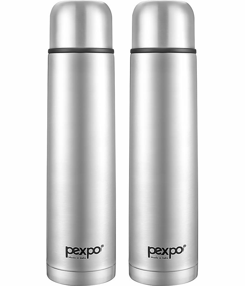 Pexpo 500ml 24 Hrs Hot and Cold ISI Certified Flask with Jute-bag, Flamingo Vacuum insulated Bottle (Pack of 2, Silver)