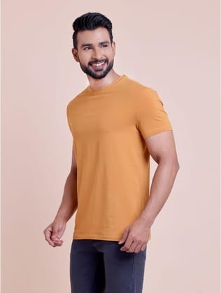Men's Casual Cotton Solid Half Sleeve Round Neck T-Shirt (Brown, M)-PID57320