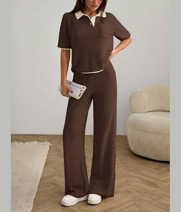 Christy World Women Solid T-Shirt With Trousers Co-Ord Set ( Brown )