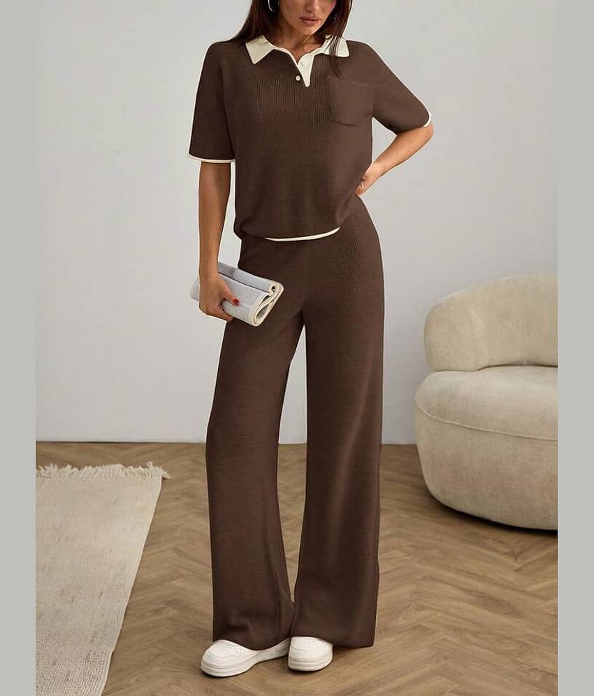 Christy World Women Solid T-Shirt With Trousers Co-Ord Set ( Brown )