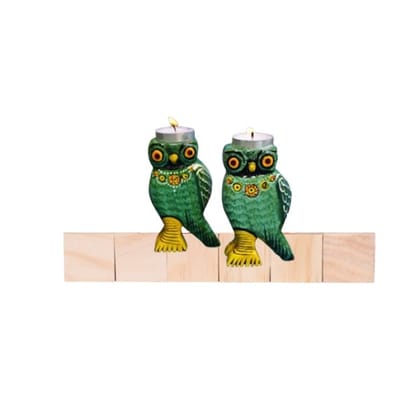 Wooden Colourful Tealight Candle Holders Owl Green (Set of 2)