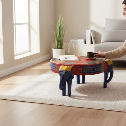 Wood Elephant Painted Side Coffee Table