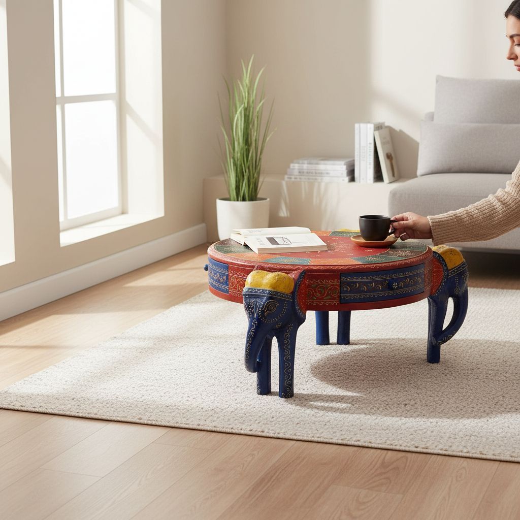 Wood Elephant Painted Side Coffee Table