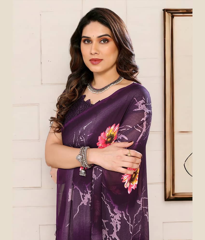 TTH Georgette Printed Saree With Unstitched Blouse Piece ( Purple )