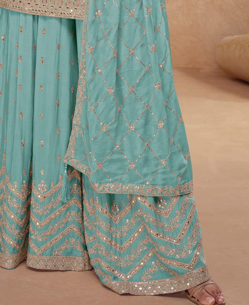 designer chinon palazzo set for women ethnic wear sky blue