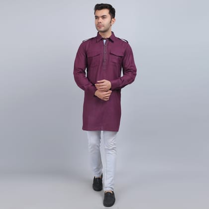 Purple cotton pathani full-sleeves shirt collar kurta in comfort fit-XS