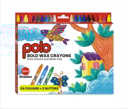polo Bold Wax Crayons Set - 24+2 Shades with Glitter, Extra Smooth & Non-Toxic for Kids and Adults, Perfect for Drawing, Coloring, and Creative Art Projects - Durable, Easy Grip Crayons