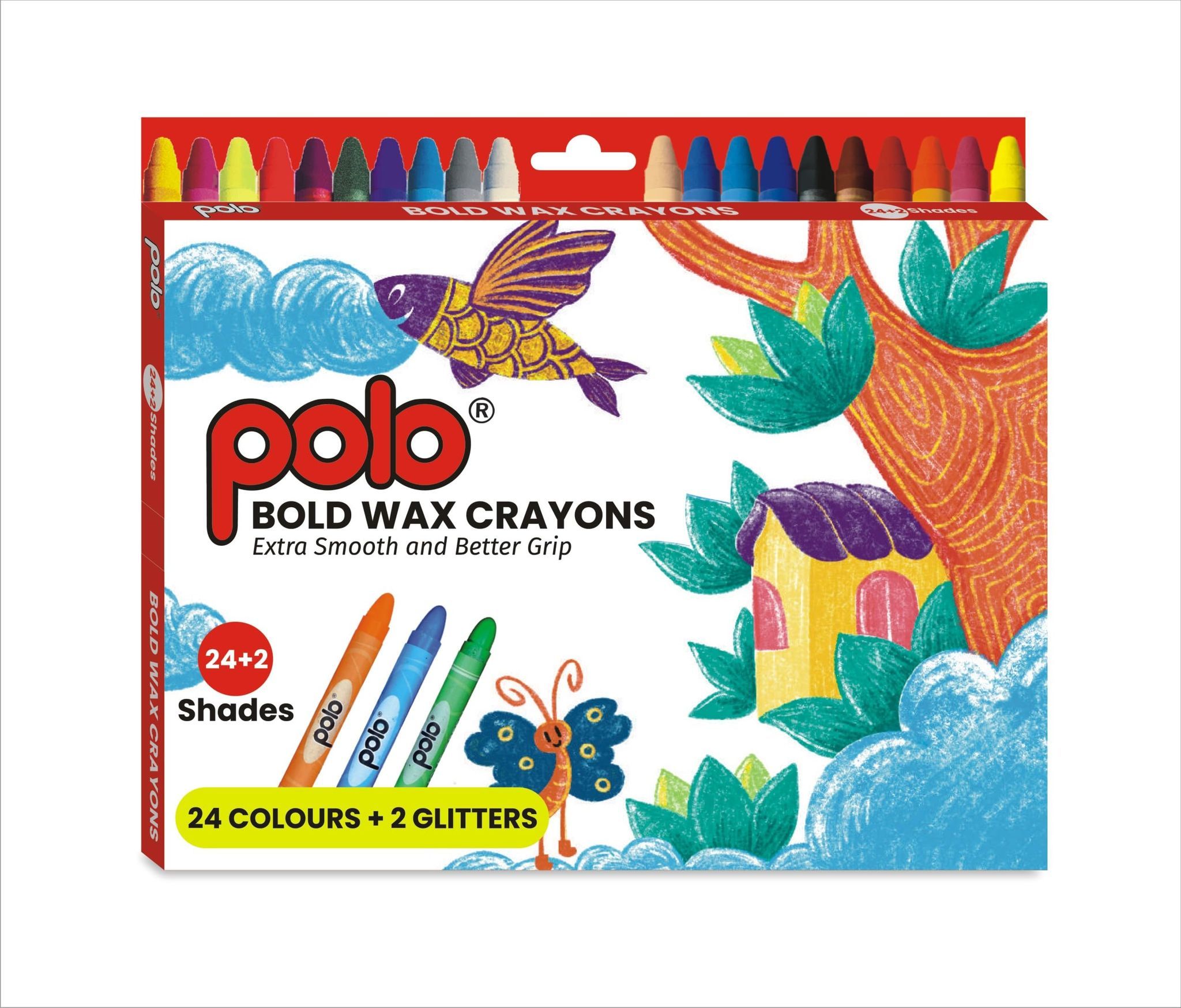polo Bold Wax Crayons Set - 24+2 Shades with Glitter, Extra Smooth & Non-Toxic for Kids and Adults, Perfect for Drawing, Coloring, and Creative Art Projects - Durable, Easy Grip Crayons